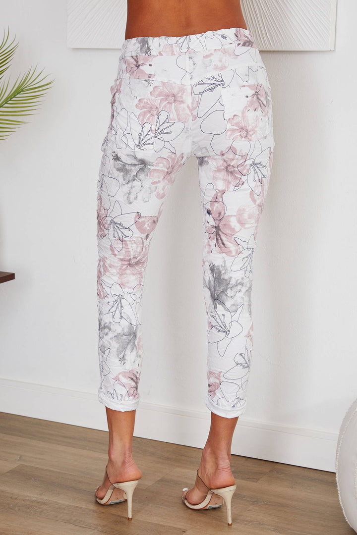 FLORAL PRINT CRINKLE JOGGER WHT): XS
