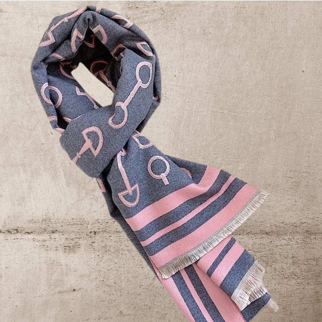 Equipage - Equestrian Snaffle Bit Horse Design Wool Blend Scarf Wrap: Navy Blue