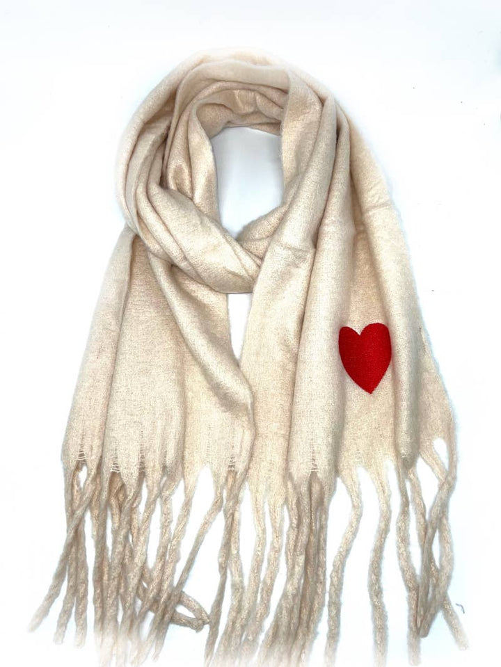 Big fringe scarf with embroidered heart : White