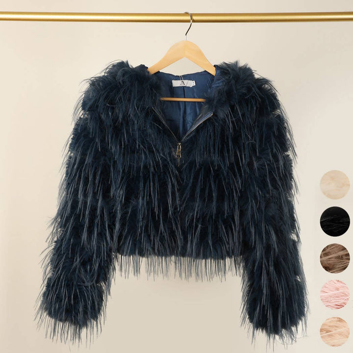 Faux Fur Zip Jacket: Beige / L/XL
