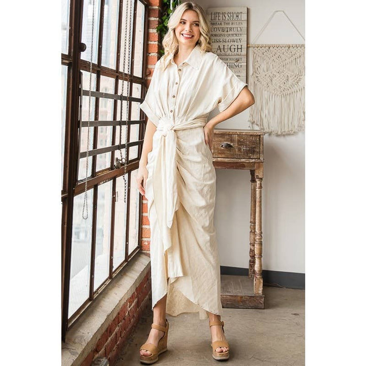 TIE WAIST BUTTON DOWN SHIRT DRESS: MINT