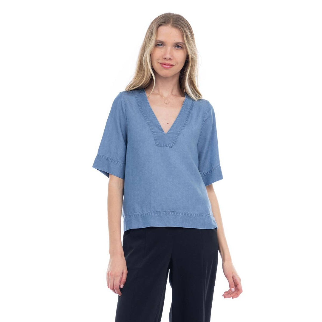 V-Neck Band Blouse: Dark Blue / S