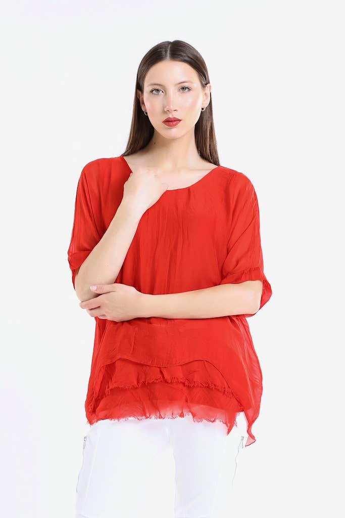 Adriana Silk Double Raw Edge Top (BQ209): Navy