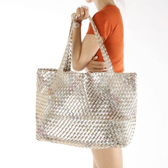 PEACH ACCESSORIES - 60262  Bag in Bag Large Weave tote bag: Silver