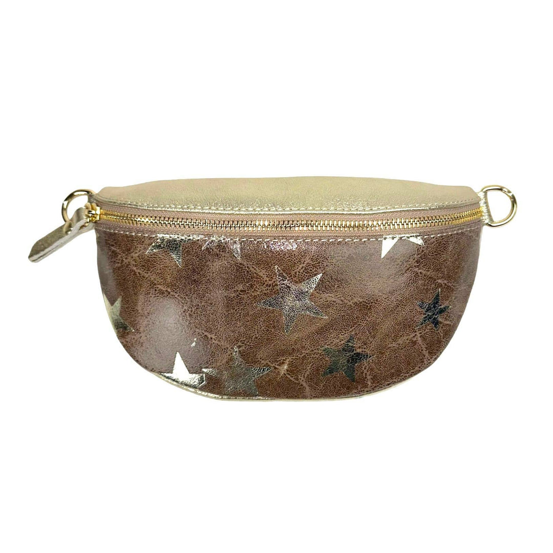 Metallic Leather Waist Bag with Star Print: Brown