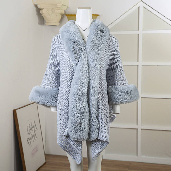 PE364 Hand knitted crochet fur trim cape: Baby Blue