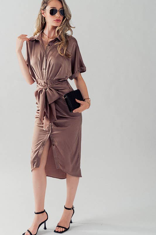 WAIST TIE BELT MIDI SHIRT DRESS: TEAL