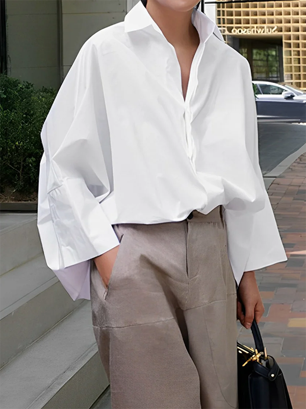 Lapel Collar Blouses : WHITE / L