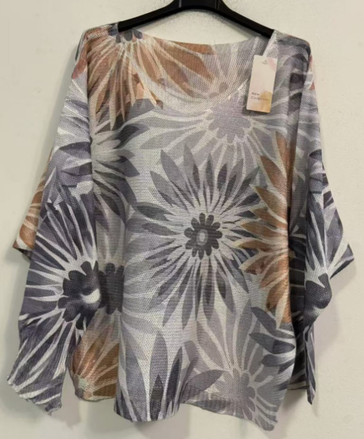 Gray Floral  V-Neck Knit Sweater