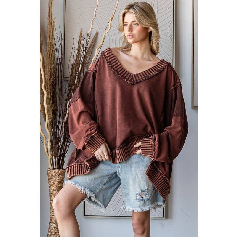 WIDE V NECK L/S TOP: BLACK