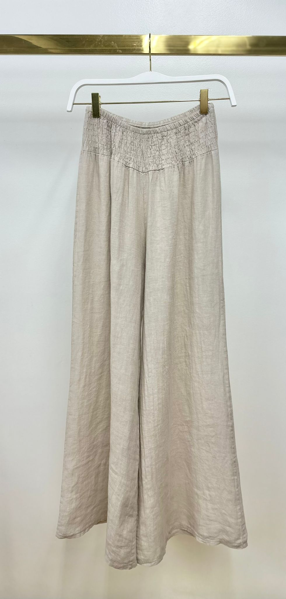 LINEN SMOCKED WAIST PANT: Mocha / S