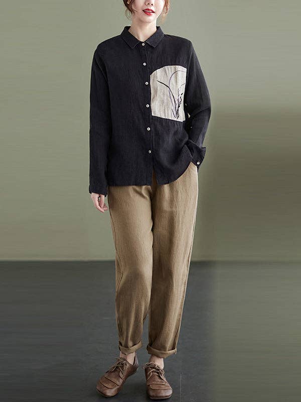 Loose Embroidered Shirts: BLACK / M