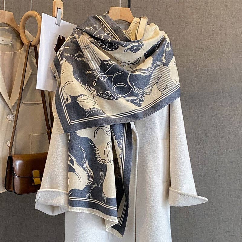 Sheer Trend - Fashion Print Fringed Scarf: BLACK
