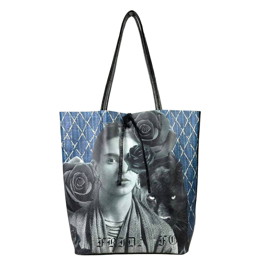 Leather Shopper Bag with Frida Kahlo: Blue