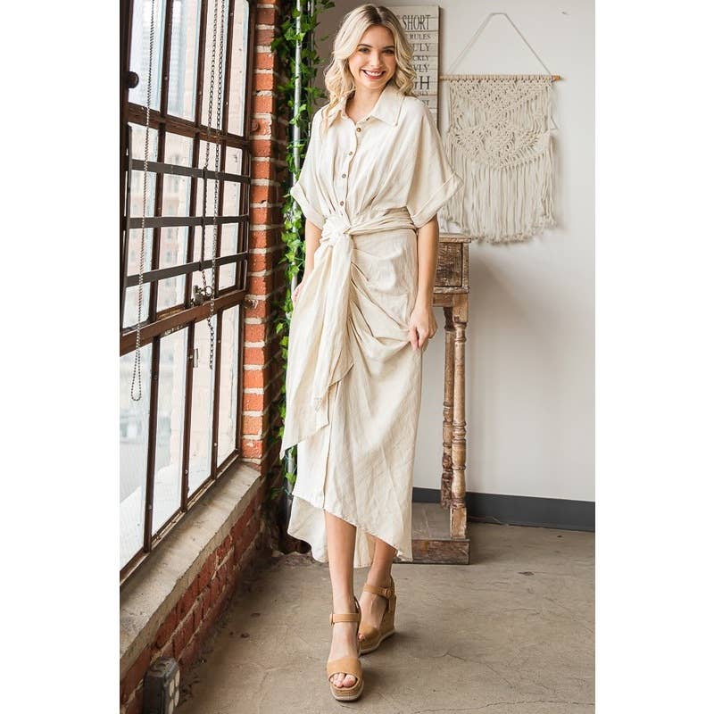 TIE WAIST BUTTON DOWN SHIRT DRESS: MINT
