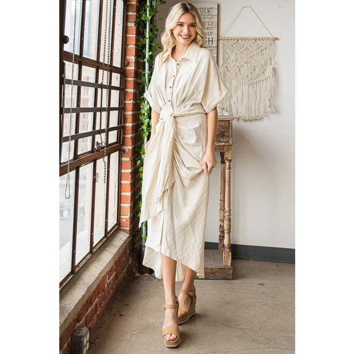 TIE WAIST BUTTON DOWN SHIRT DRESS: MINT