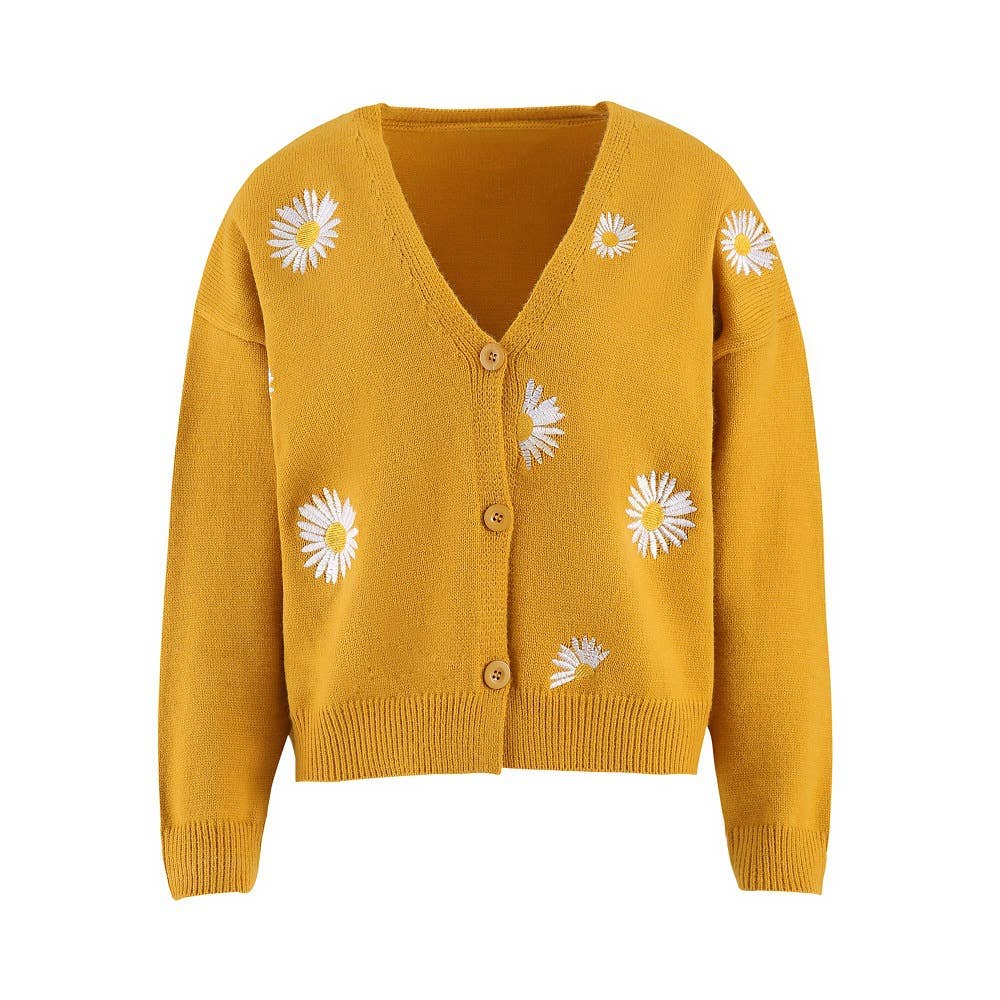 Daisy Pattern V-neck Cardi: Black / S