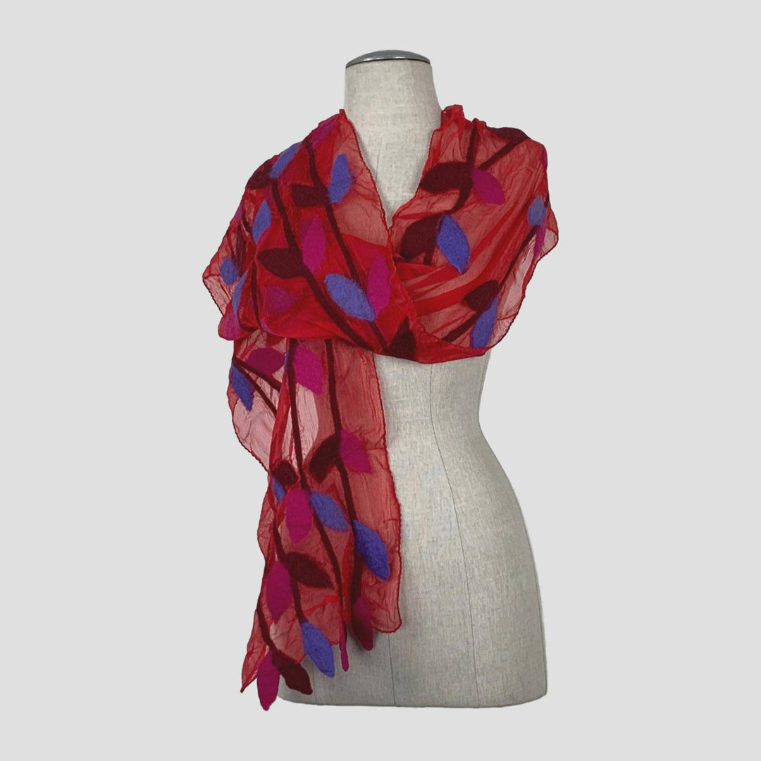 Leaf Merino Wool Handmade Felt Scarf: Tur-Green