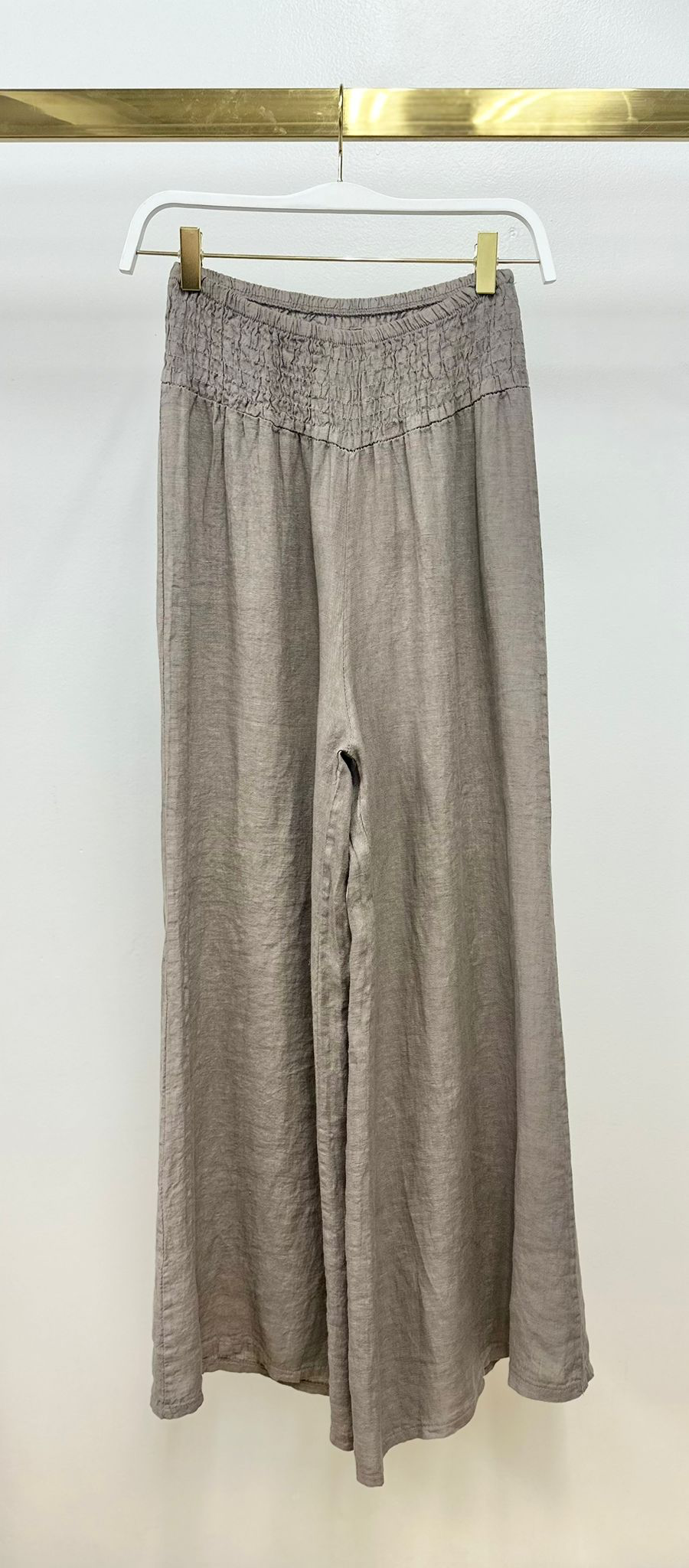 LINEN SMOCKED WAIST PANT: Mocha / L
