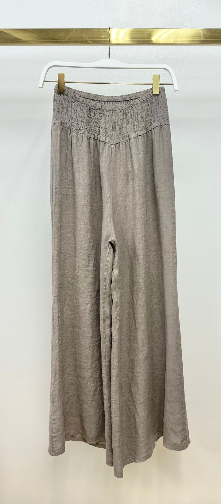 LINEN SMOCKED WAIST PANT: Mocha / L