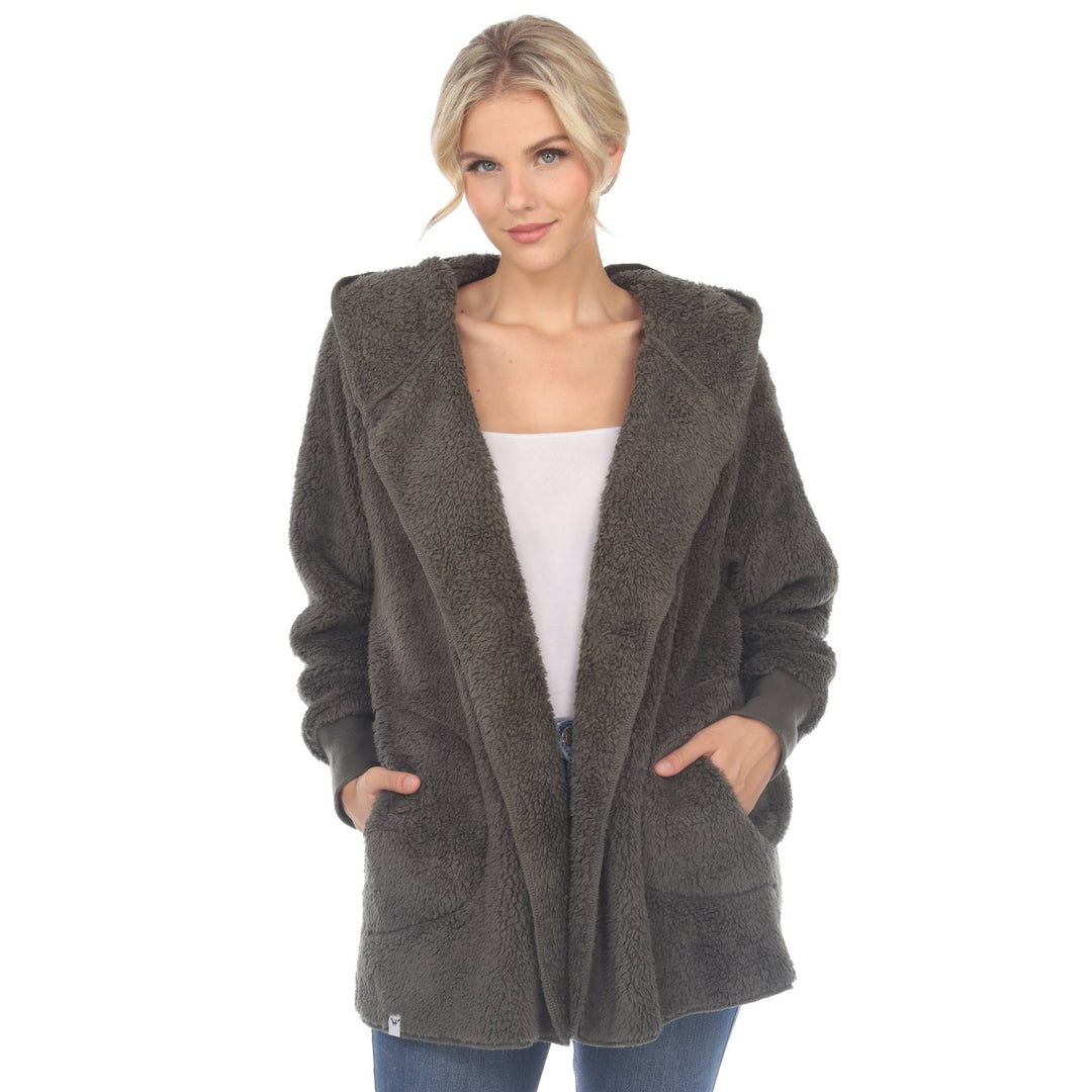 Plush Hooded Cardigan with Pockets: Camel / S/M