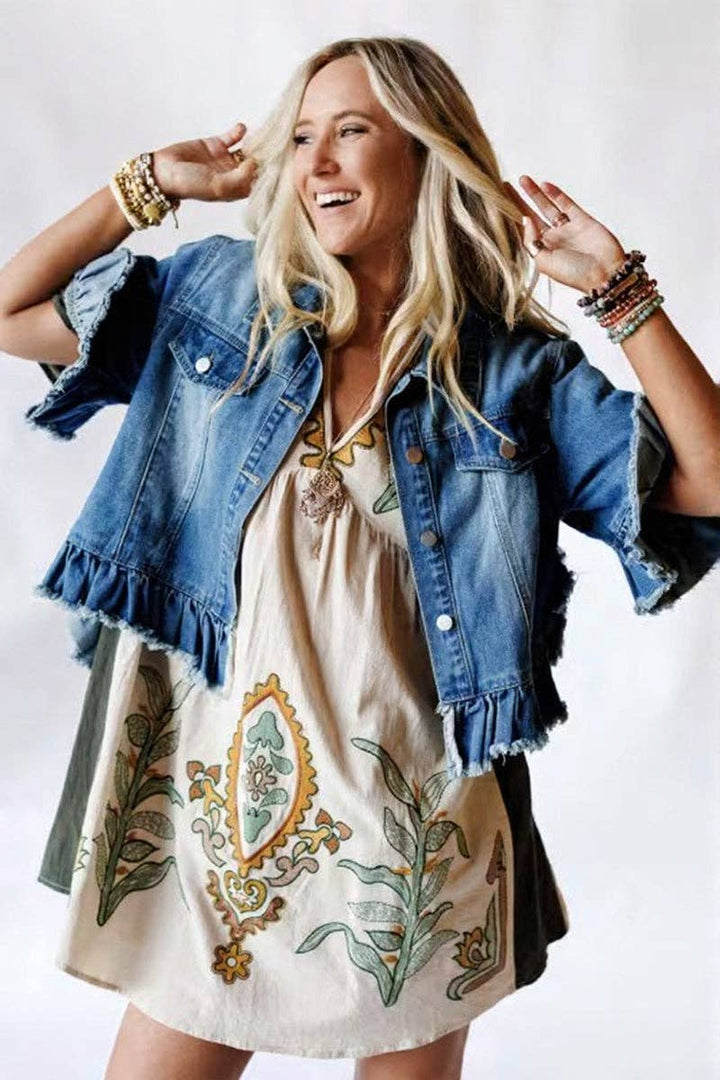 Frayed Denim Jacket: BLUE / L