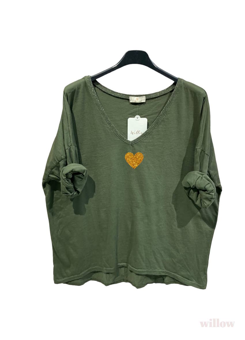 Gold heart long sleeve lurex collar top: Black