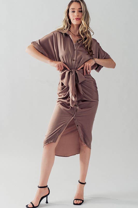 WAIST TIE BELT MIDI SHIRT DRESS: TEAL
