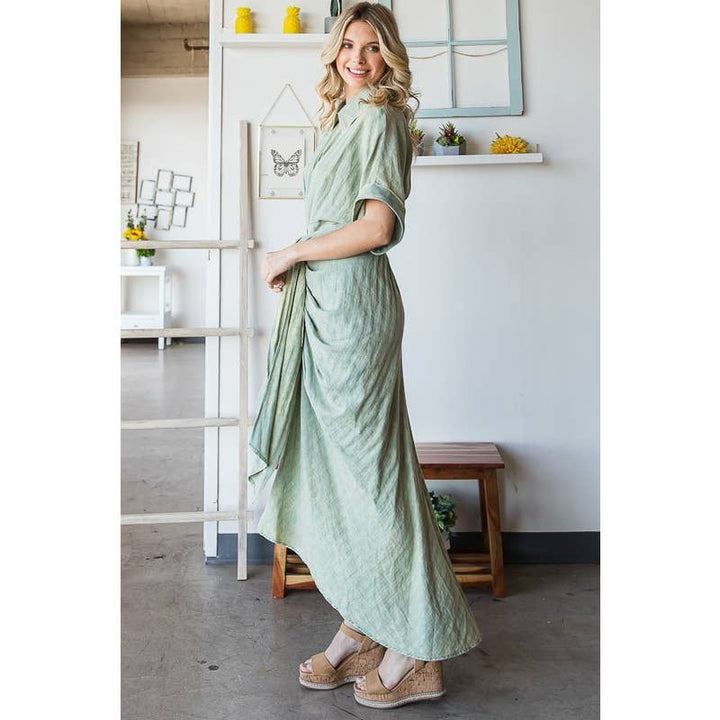 TIE WAIST BUTTON DOWN SHIRT DRESS: MINT