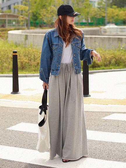 Loose Urban Gray Wide Leg Elastic Waist Pants: LIGHT GRAY / L