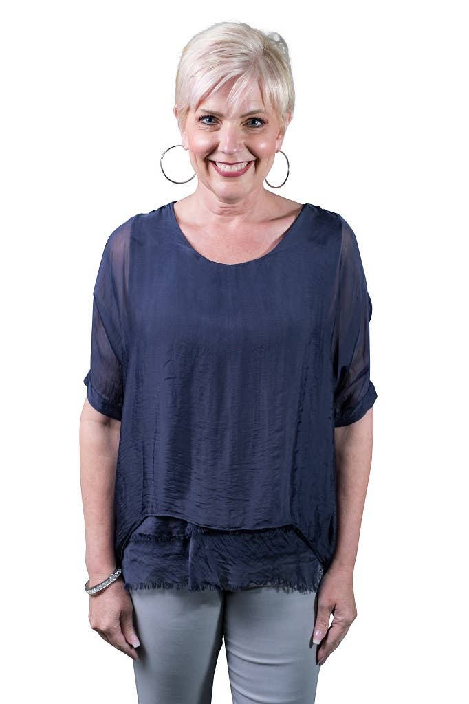 Adriana Silk Double Raw Edge Top (BQ209): Navy