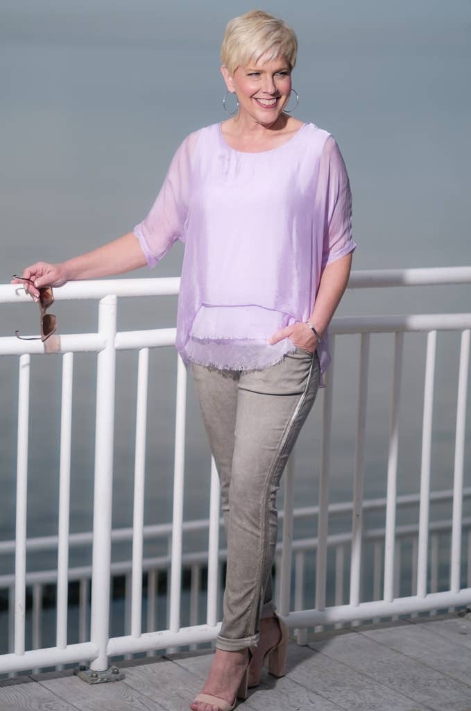 Adriana Silk Double Raw Edge Top (BQ209): Navy