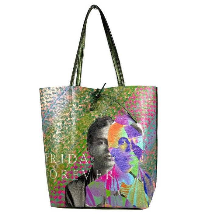 Leather Shopper Bag with Frida Kahlo: Blue