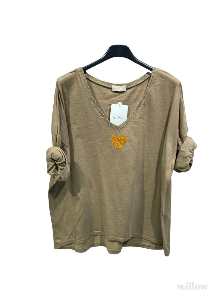 Gold heart long sleeve lurex collar top: Jeans