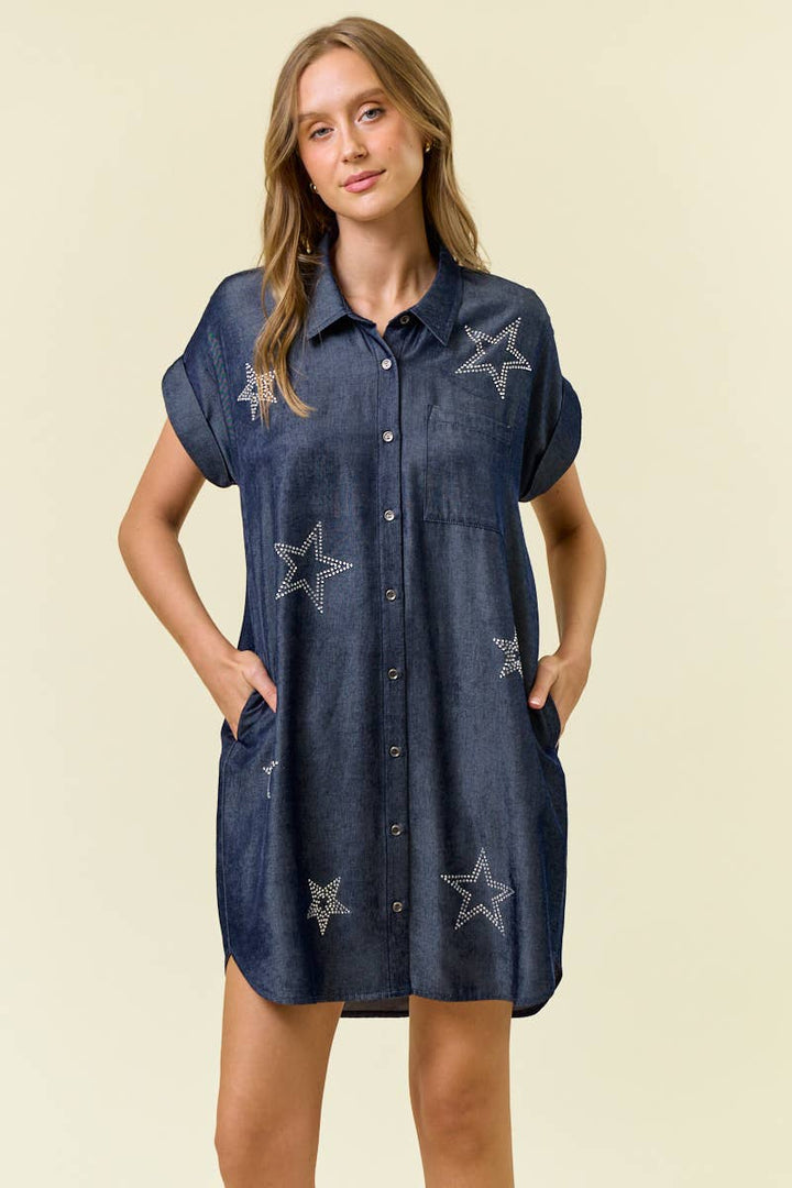 Doe and Rae - STAR STUDDED TENCEL SHIRT DRESS - 28102D: INDIGO / L
