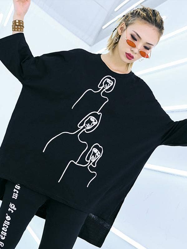 Embroidered Black&White Loose Round-Neck T-Shirt: BLACK / FREE SIZE