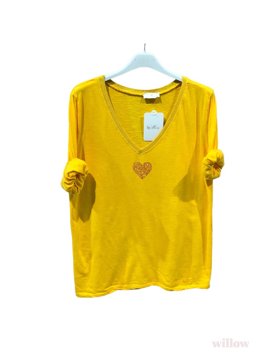 Gold heart long sleeve lurex collar top: Beige