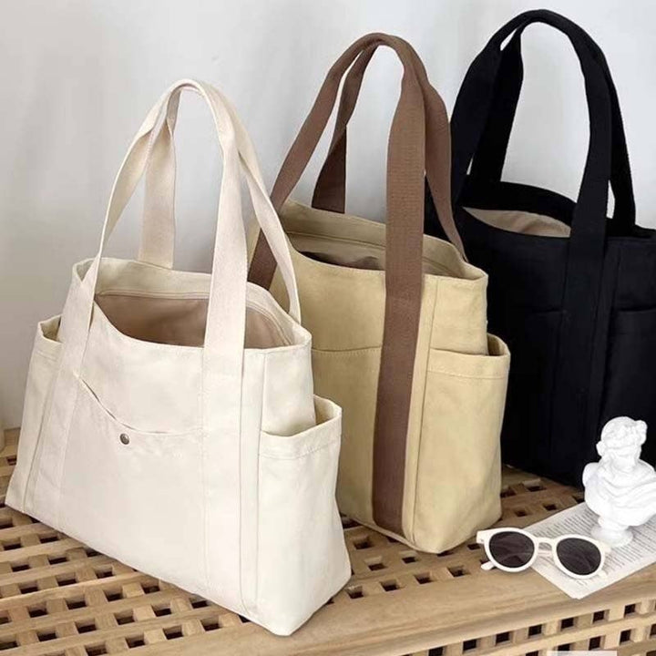 Large Capacity Canvas Shoulder Bag: DEEP BEIGE