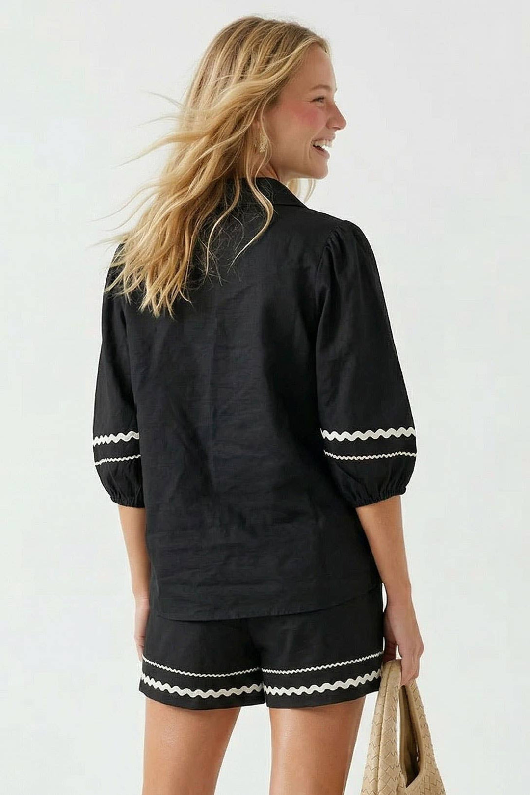 Puff Sleeve Linen Blouse: Navy / L