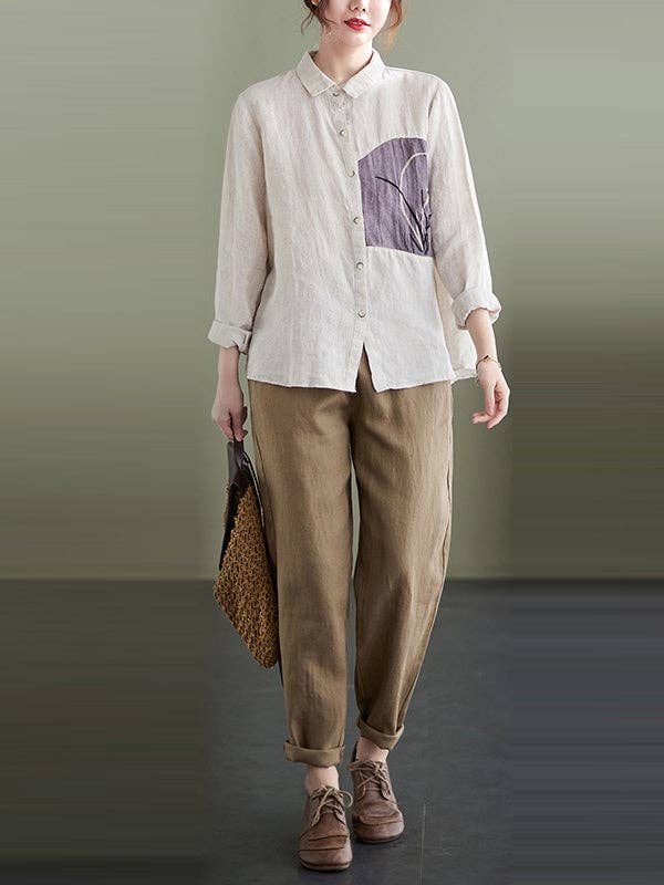 Embroidered Lapel Tops: APRICOT / XL
