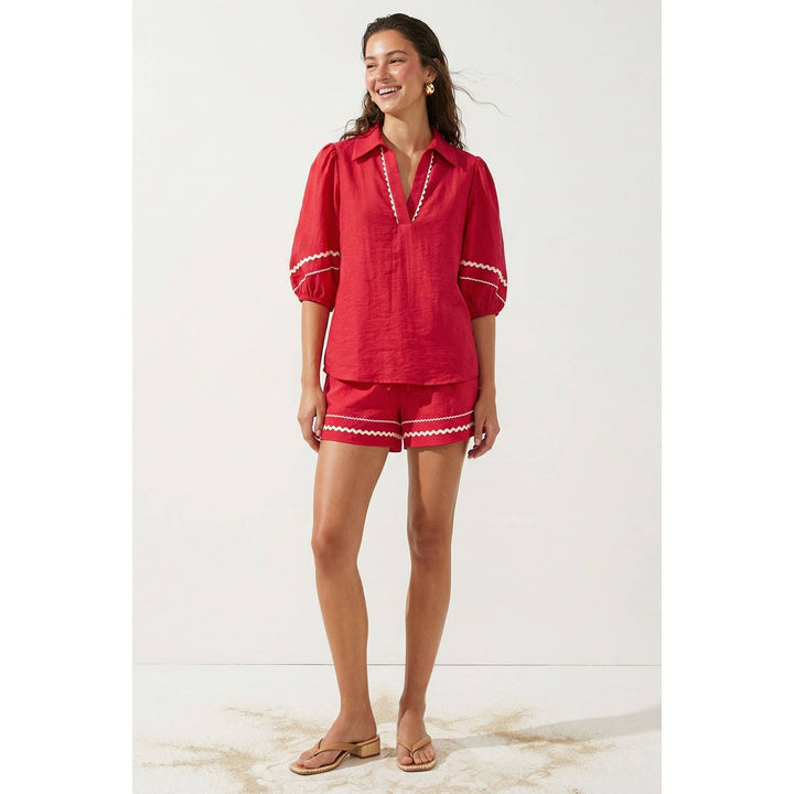 Puff Sleeve Linen Blouse: Red / M