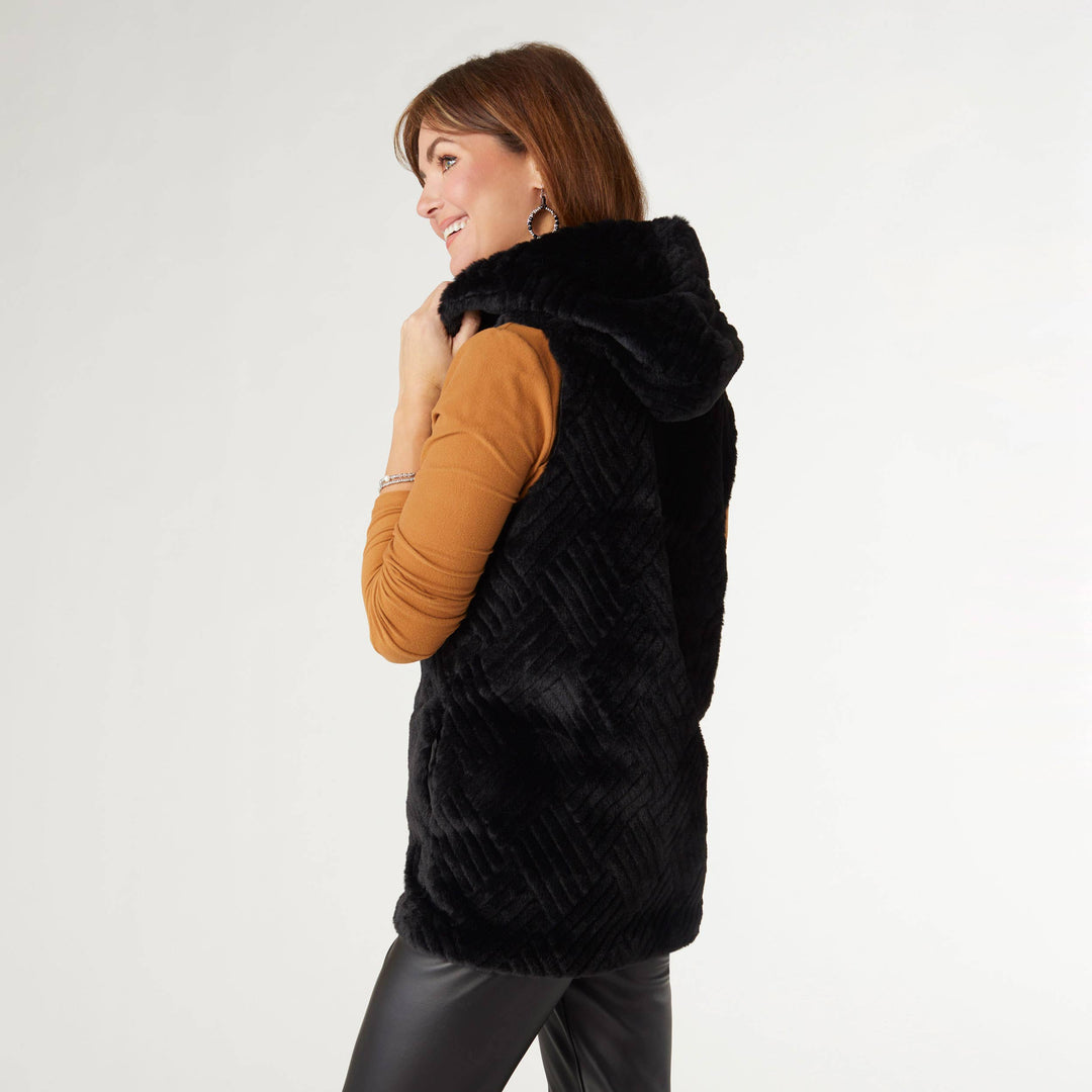 Faux Fur Hooded Vest: Black / L/XL