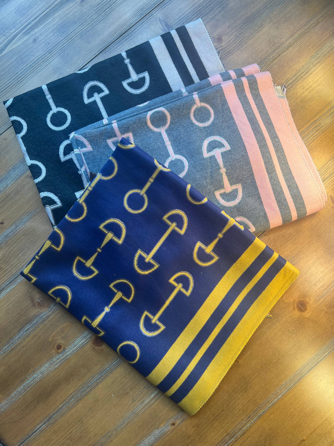 Equipage - Equestrian Snaffle Bit Horse Design Wool Blend Scarf Wrap: Navy Blue