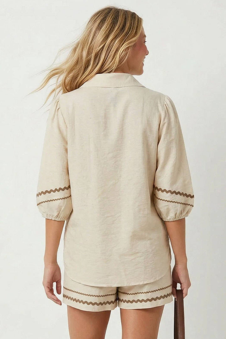 Puff Sleeve Linen Blouse: Navy / L