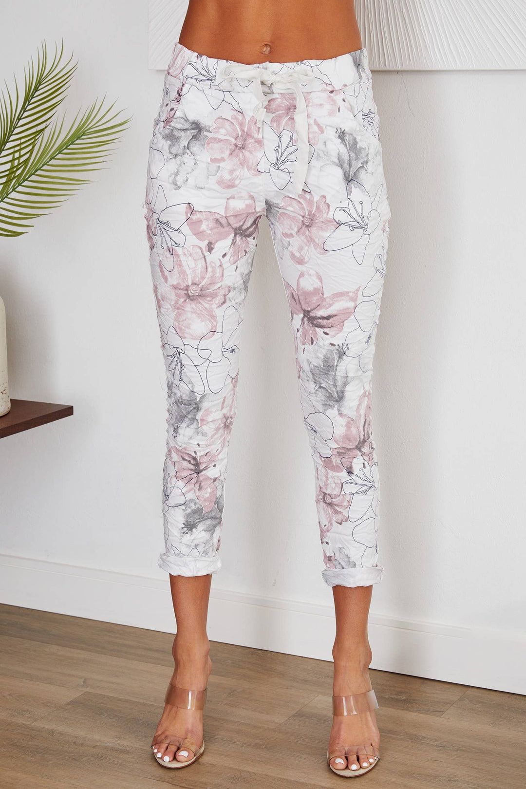 FLORAL PRINT CRINKLE JOGGER WHT): S