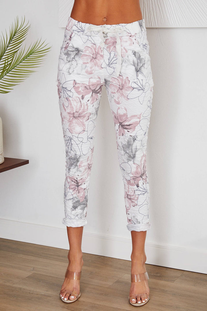FLORAL PRINT CRINKLE JOGGER WHT): S