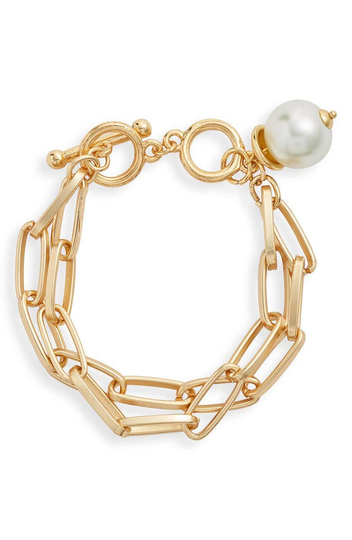 Cable Chain Bracelet with Pearl Charm: Gold