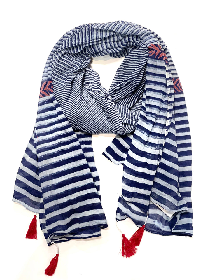 Stripe Cotton Scarf Navy