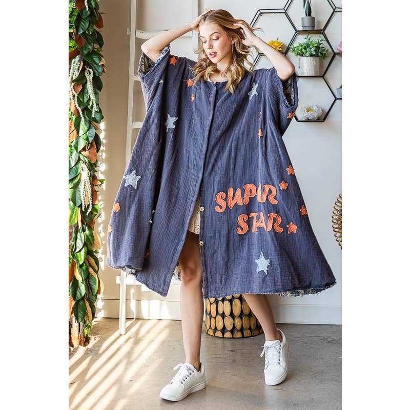 STAR BUTTON FRONT DUSTER: BLUE