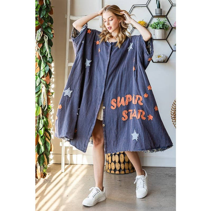 STAR BUTTON FRONT DUSTER: BLUE